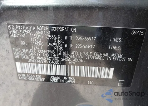 2015 Toyota Rav4 Xle from USA, damaged, VIN JTMRFREV7FJ046801